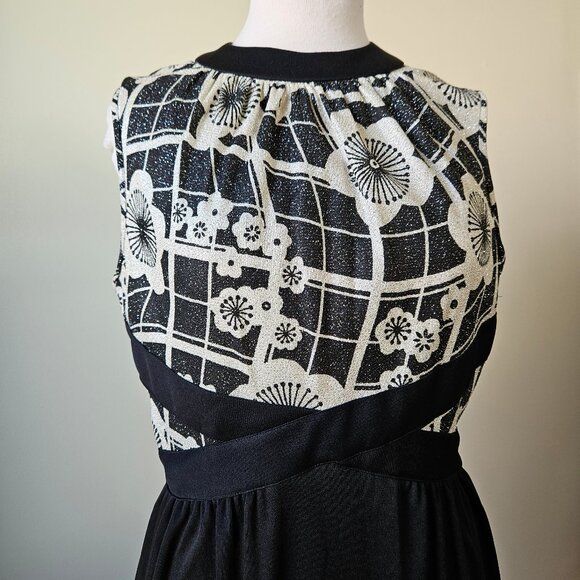 Vintage 70s Black Silver Floral Lurex Disco Diva Maxi Dress Gown Polyester M/L - Picture 3 of 6